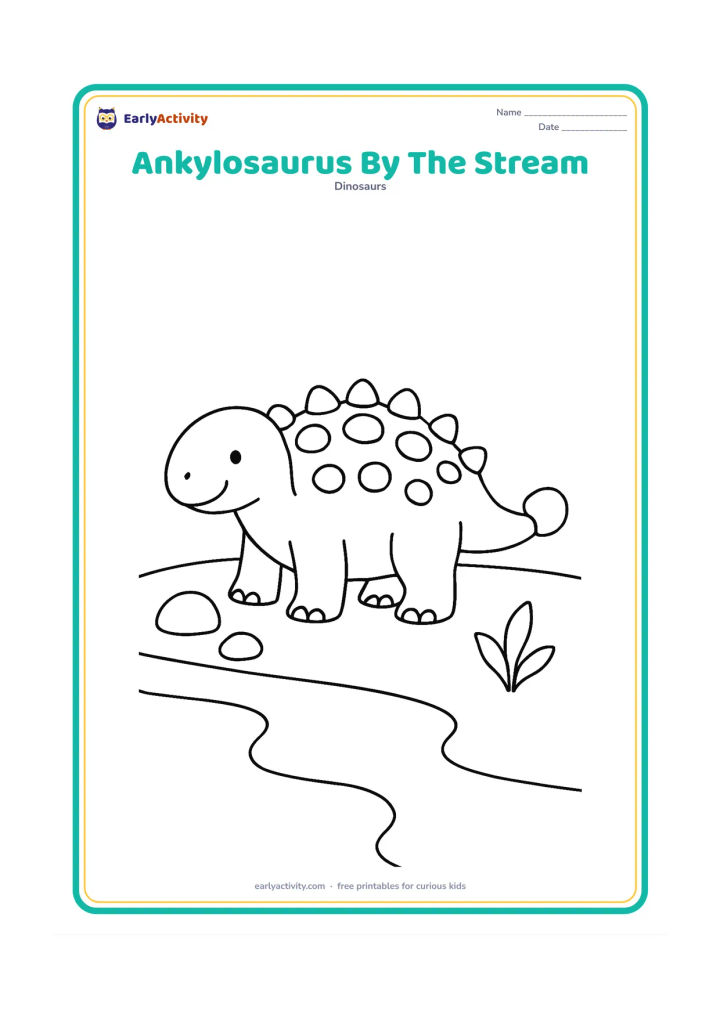 Colouring page: Draw a friendly Ankylosaurus beside a gently curving stream, with its clubbed tail resting on the ground. Add two smooth rocks and one small plant.