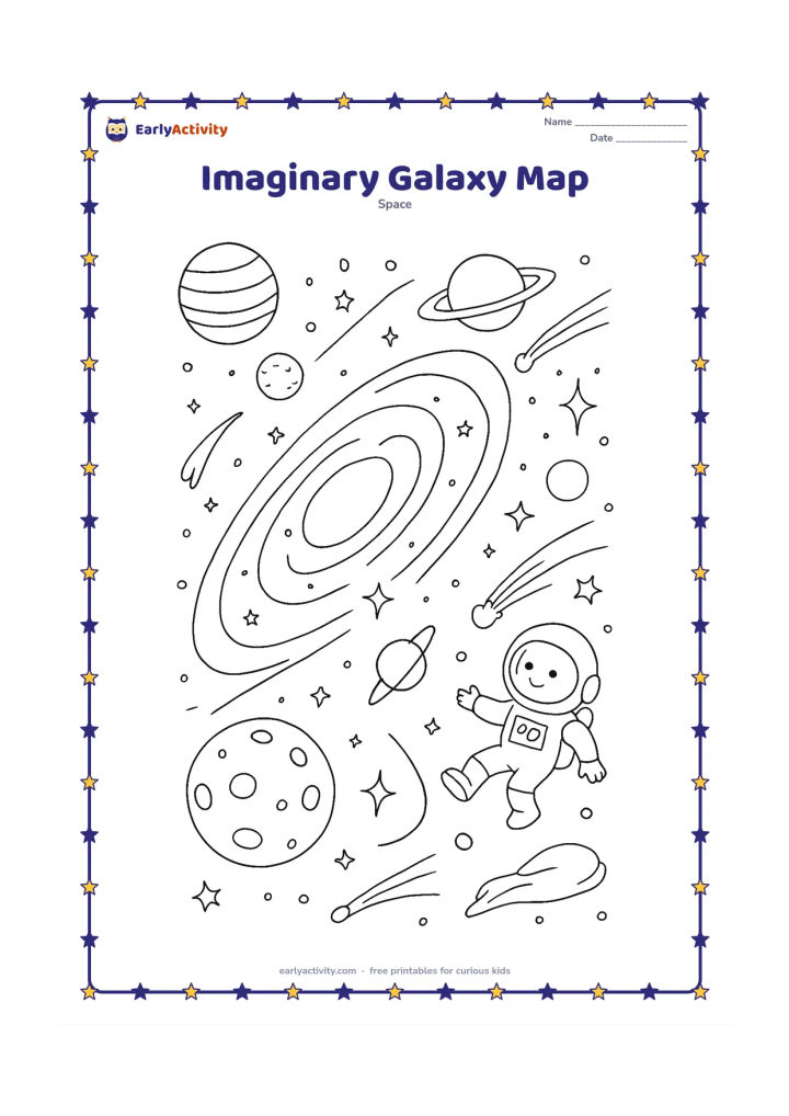Colouring page: A large imaginary galaxy spreads across the page as connected spiral, oval and irregular sections, surrounded by orbiting planets, comets, moons, star clusters and a tiny astronaut…