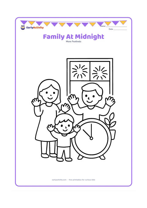 Colouring page: Two adults and one child stand together beside a large blank-faced clock, raising their hands happily as rounded fireworks appear through a window. Include a simple sofa and potted plant.