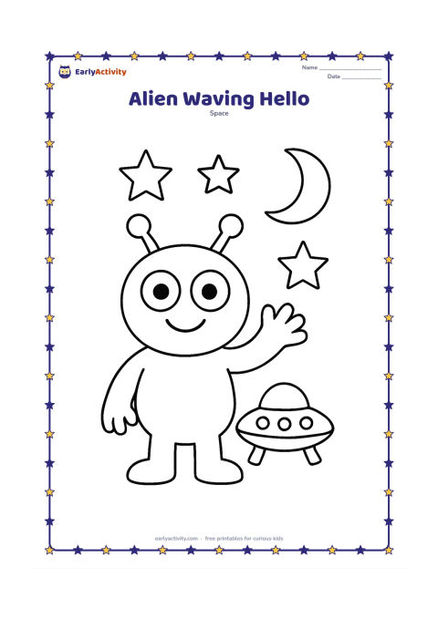 Colouring page: Draw one cheerful, round alien with two large eyes and a raised waving hand, standing beside a small flying saucer. Add a few large stars and one crescent moon in the open background.