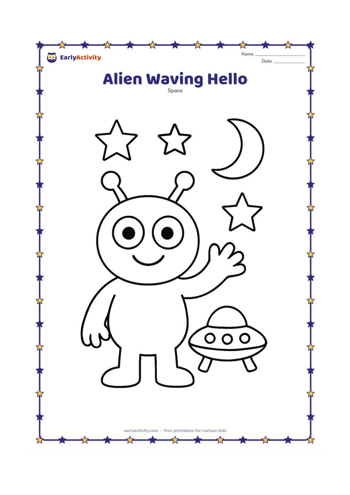 Colouring page: Draw one cheerful, round alien with two large eyes and a raised waving hand, standing beside a small flying saucer. Add a few large stars and one crescent moon in the open background.
