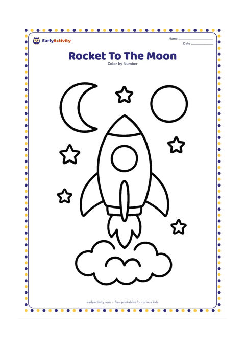 Colouring page: Draw a large rocket lifting off between a crescent moon and two round planets, with simple stars scattered around it. Place a small cloud of launch smoke below the rocket.