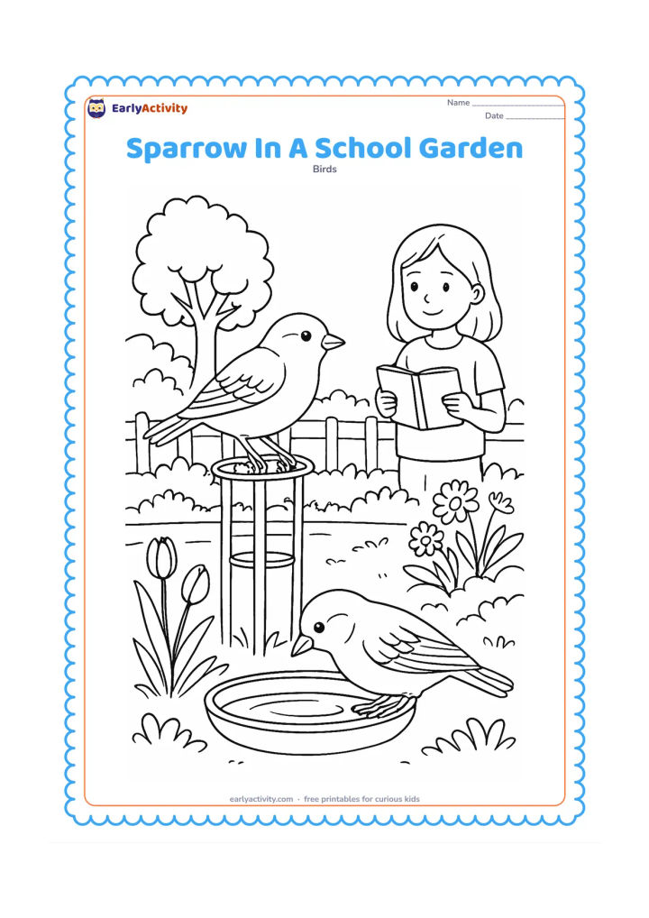 Colouring page: Draw two sparrows in a school garden: one perched on a plant support and one drinking from a shallow dish. Add flower beds, a low fence, a tree, and a child observing from a distance…