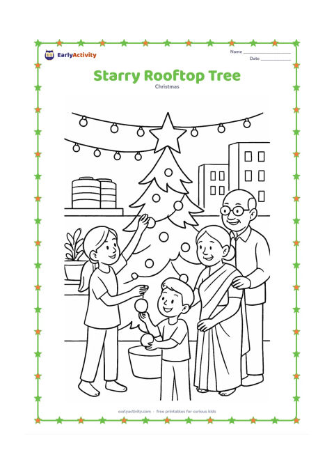 Colouring page: Children and grandparents decorate a Christmas tree on an Indian rooftop at twilight, with string lights, water tanks, potted plants and distant apartment buildings. One child reaches up…