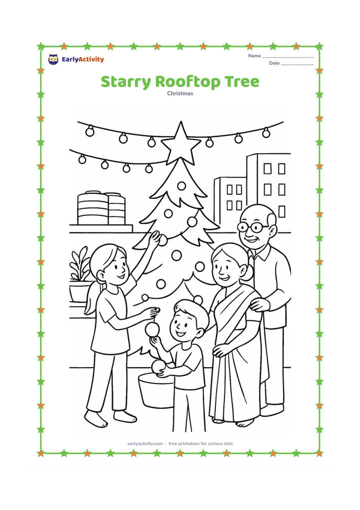 Colouring page: Children and grandparents decorate a Christmas tree on an Indian rooftop at twilight, with string lights, water tanks, potted plants and distant apartment buildings. One child reaches up…