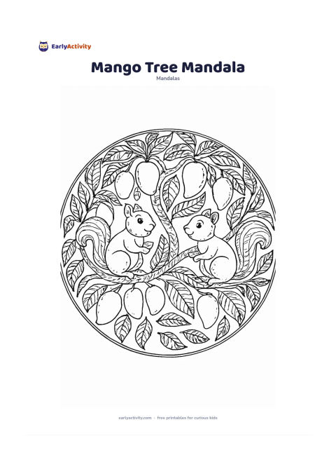 Colouring page: Design a circular mandala with a mango tree branch crossing behind the centre, ripe mangoes and layered leaves repeating around the circle. Include two cheerful squirrels facing each…