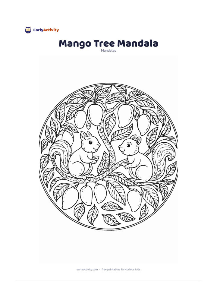 Colouring page: Design a circular mandala with a mango tree branch crossing behind the centre, ripe mangoes and layered leaves repeating around the circle. Include two cheerful squirrels facing each…