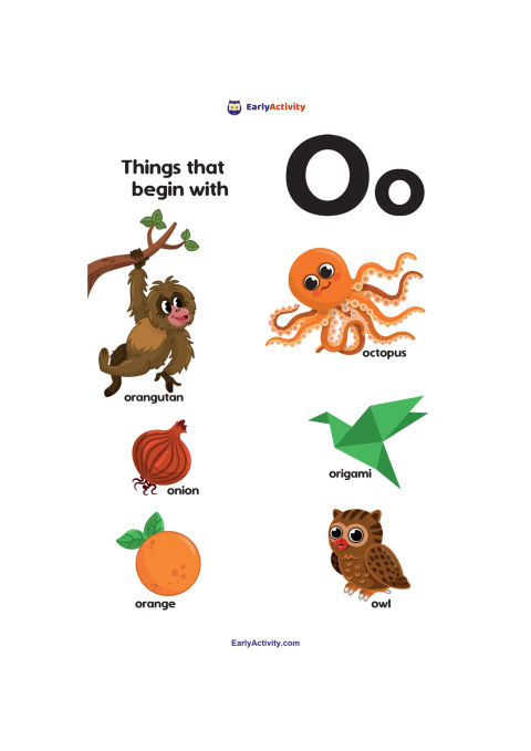 Worksheet showing uppercase and lowercase O with pictures of an orangutan, octopus, onion, origami, orange and owl.