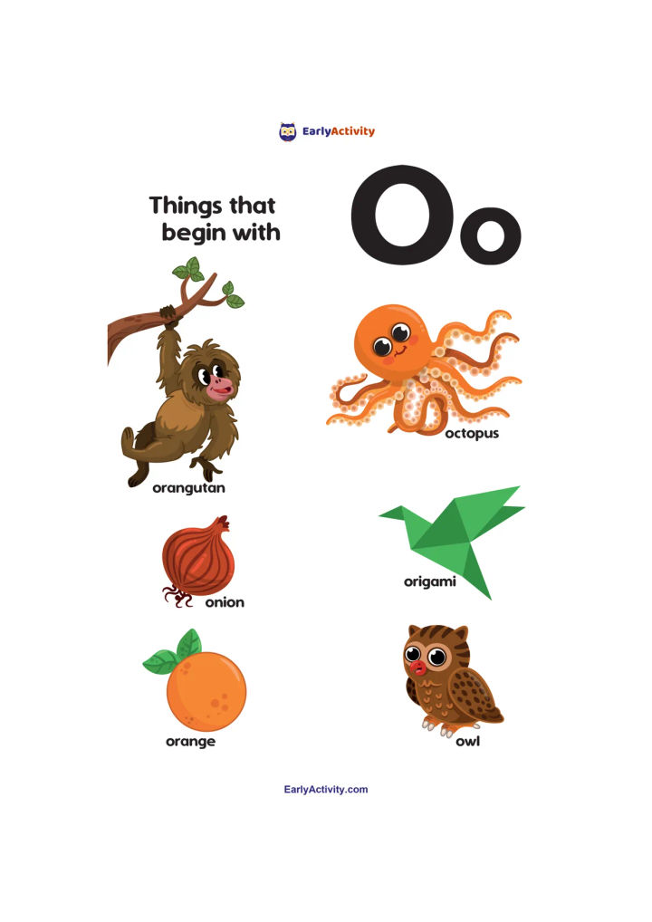 Worksheet showing uppercase and lowercase O with pictures of an orangutan, octopus, onion, origami, orange and owl.