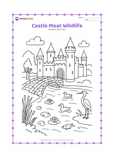 Colouring page: Draw a castle surrounded by a broad moat with a stone bridge, reeds, lily pads, fish visible in the water, ducks, and a heron. Show the fortress wall, watchtowers, open gate, and a…