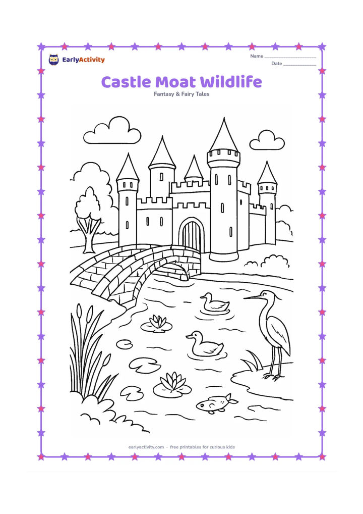Colouring page: Draw a castle surrounded by a broad moat with a stone bridge, reeds, lily pads, fish visible in the water, ducks, and a heron. Show the fortress wall, watchtowers, open gate, and a…