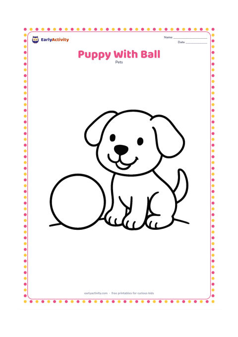 Colouring page: Draw a happy puppy sitting beside one large round ball, looking toward it with its tail raised. Add only a simple curved ground line.