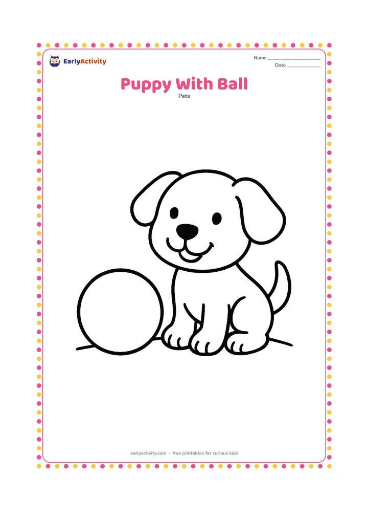 Colouring page: Draw a happy puppy sitting beside one large round ball, looking toward it with its tail raised. Add only a simple curved ground line.