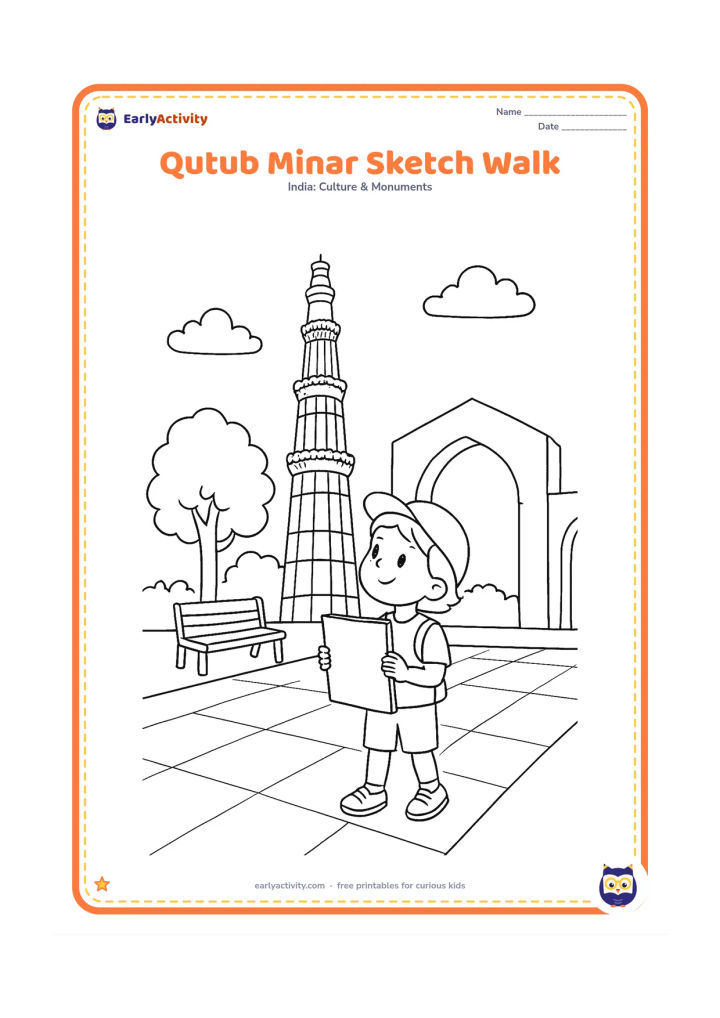 Colouring page: Show a child on a courtyard walk holding a blank drawing pad and looking at Qutub Minar. Add a bench, an arch, a tree, and paving lines around the child.
