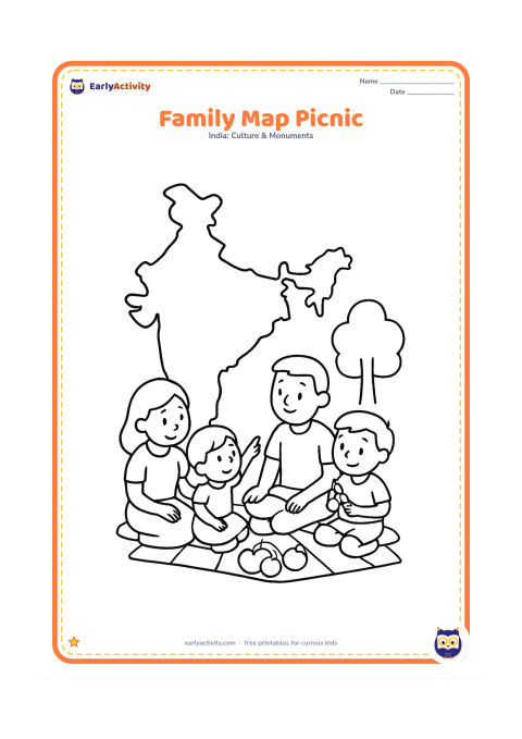 Colouring page: Draw a family sitting on a picnic blanket beside a large blank India outline, with a basket, fruit, and a simple tree. One child points to the map while another holds a crayon.