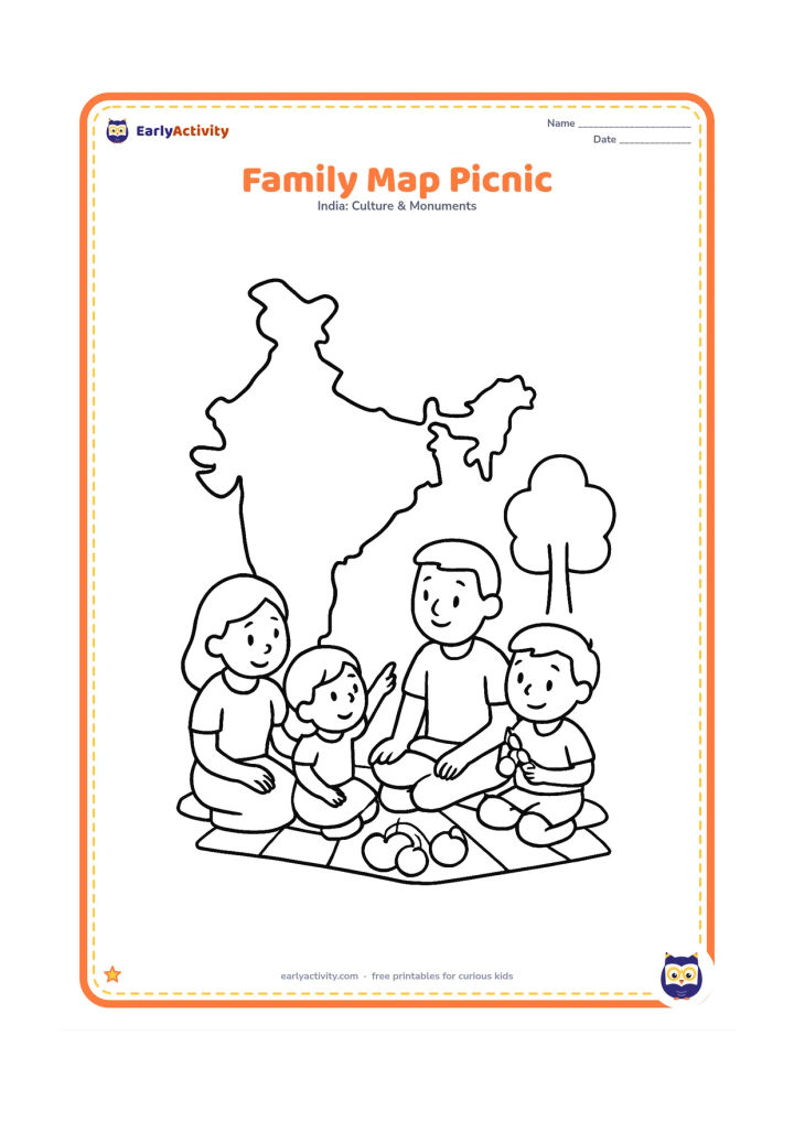 Colouring page: Draw a family sitting on a picnic blanket beside a large blank India outline, with a basket, fruit, and a simple tree. One child points to the map while another holds a crayon.