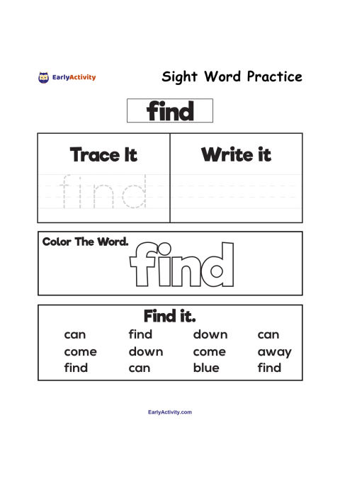 Worksheet with the sight word “find” for tracing, writing, colouring and finding among other words.