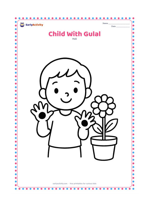 Colouring page: A cheerful child holds up both open hands with small, rounded gulal marks on the palms. Place the child beside a simple potted marigold plant.