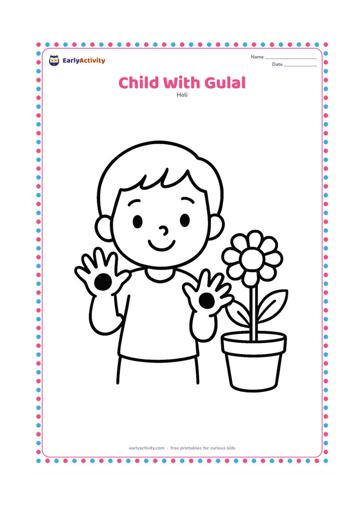 Colouring page: A cheerful child holds up both open hands with small, rounded gulal marks on the palms. Place the child beside a simple potted marigold plant.