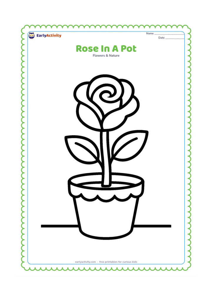 Colouring page: Draw a single flowering rose growing from a round plant pot, with a thick stem, two large leaves, and a simple scalloped rim on the pot. Place the pot on a plain ground line.