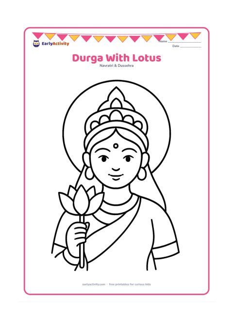 Colouring page: Draw a respectful, peaceful bust portrait of Goddess Durga wearing a crown and holding one large lotus. Add a simple halo and broad jewellery shapes, with a calm friendly expression.