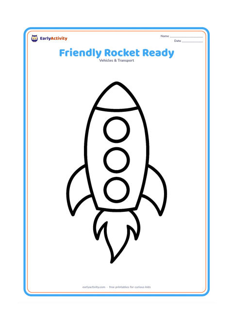 Colouring page: Draw a large upright rocket with a rounded nose, two fins, three big windows and a simple flame, centered with plenty of open space around it.