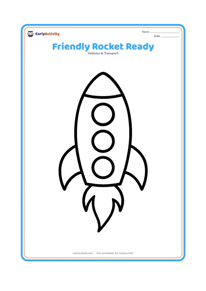 Colouring page: Draw a large upright rocket with a rounded nose, two fins, three big windows and a simple flame, centered with plenty of open space around it.