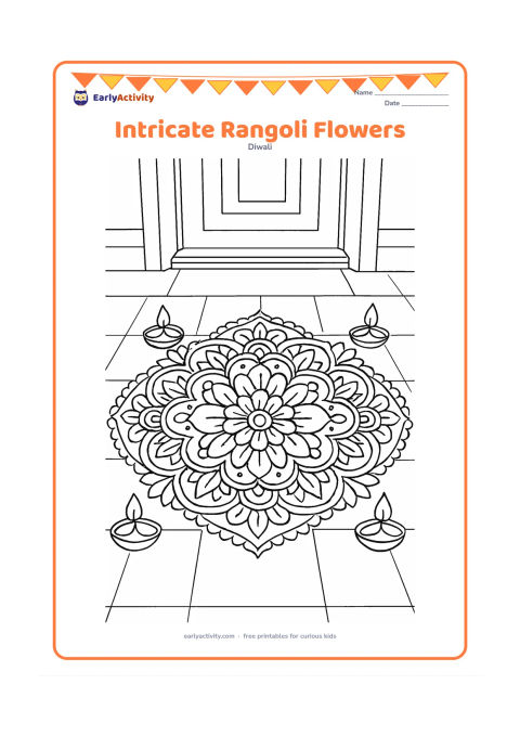 Colouring page: Draw a large symmetrical rangoli built from layered flower petals, leaves, spirals, dots, and curved borders, with four diyas at the corners. Place the design on a tiled floor near a…