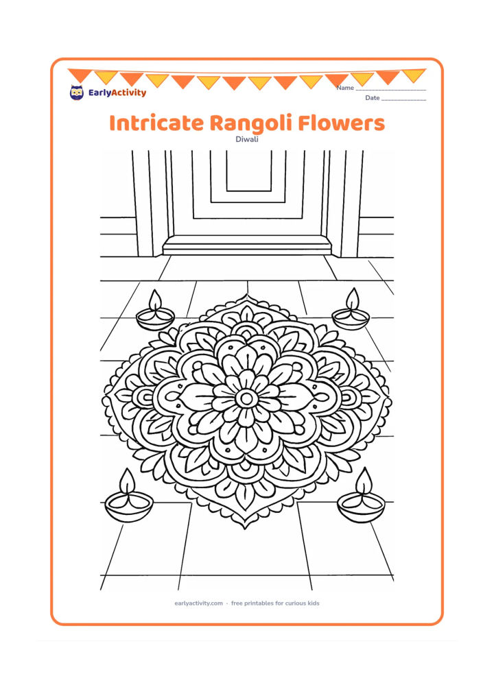 Colouring page: Draw a large symmetrical rangoli built from layered flower petals, leaves, spirals, dots, and curved borders, with four diyas at the corners. Place the design on a tiled floor near a…