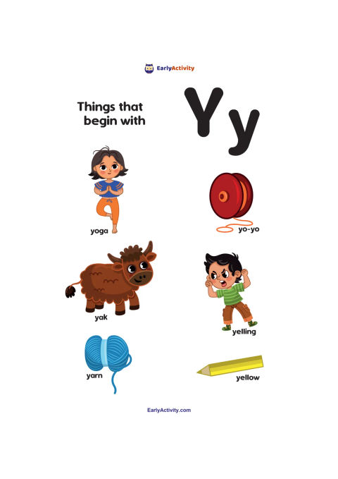 Worksheet showing uppercase and lowercase Y with pictures labelled yoga, yo-yo, yak, yelling, yarn and yellow.