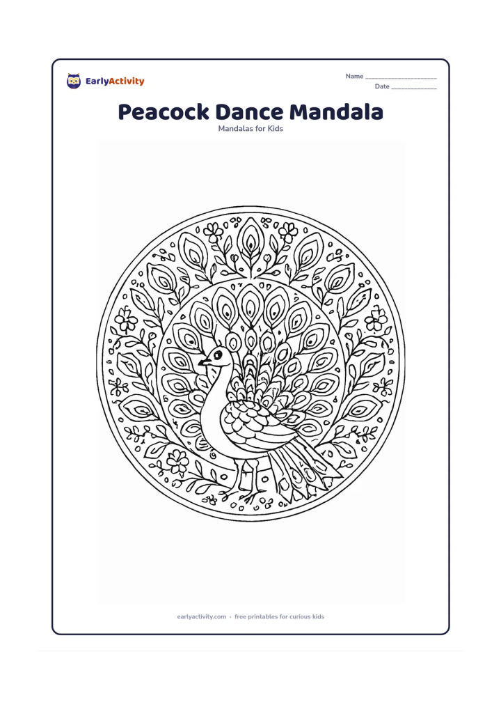 Colouring page: A detailed circular mandala with a peacock standing in a graceful side pose at the centre, its fanned tail forming the inner ring, surrounded by repeated feathers, vines, flowers, and…
