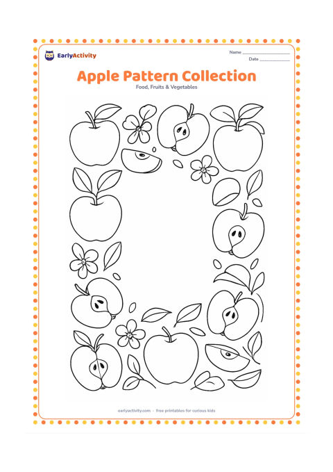 Colouring page: Draw a decorative arrangement of whole apples, halves, slices, leaves, blossoms and seeds in a repeating border around a large empty centre. Use natural apple shapes rather than…