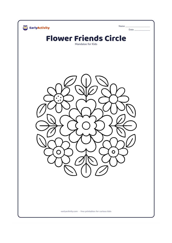 Colouring page: A circular mandala with four different friendly flowers facing inward toward a central flower, surrounded by alternating leaves, buds and rounded petals. Give each flower a distinct…