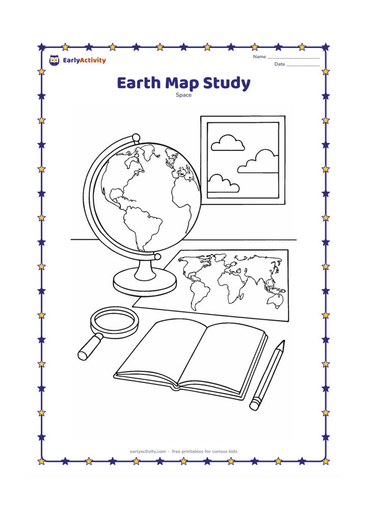 Colouring page: Show a detailed globe on a stand beside a flat world map, with matching coastlines and an open blank notebook nearby. Include a magnifying glass, pencil and a small window showing…