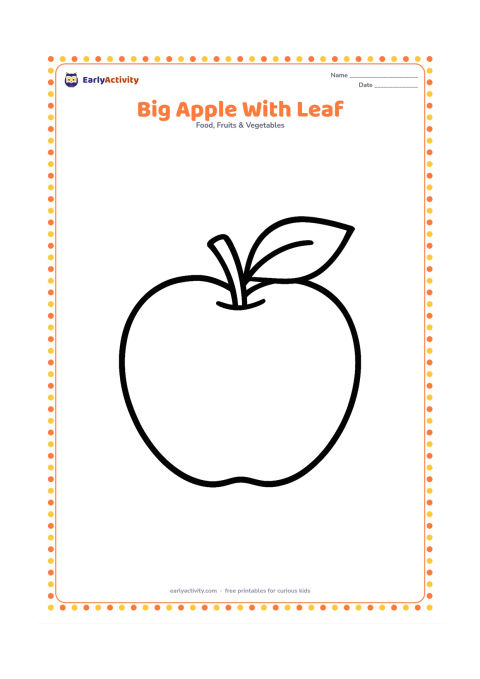 Colouring page: Draw one large whole apple with a short stem and one broad leaf, centred on the page. Leave the background completely empty.
