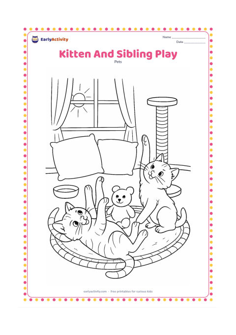 Colouring page: Two kittens playfully tumble around a soft toy on a woven rug, one reaching upward and the other rolling onto its back. Add cushions, a scratching post, a bowl and a sunny window.