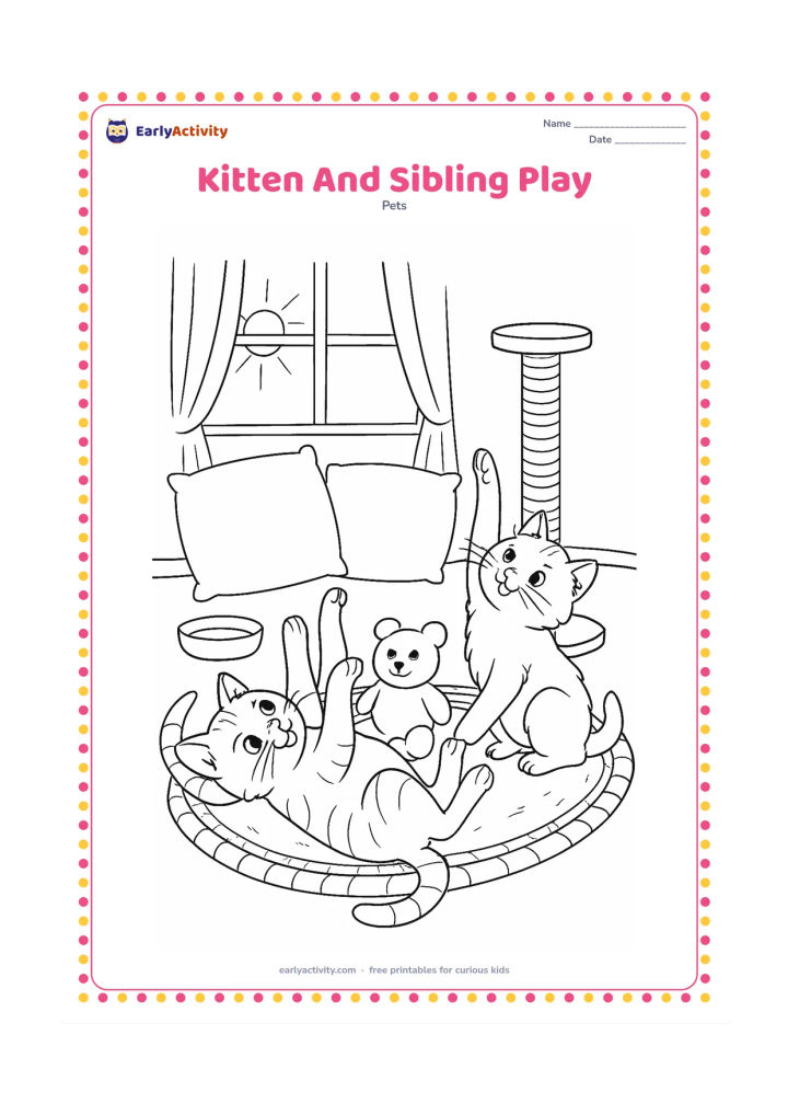 Colouring page: Two kittens playfully tumble around a soft toy on a woven rug, one reaching upward and the other rolling onto its back. Add cushions, a scratching post, a bowl and a sunny window.