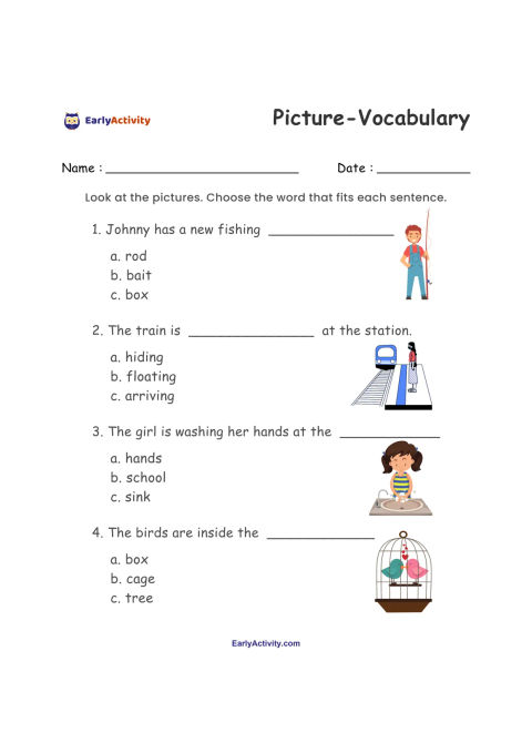 Worksheet with four picture vocabulary questions. Children choose words about a fishing rod, an arriving train, a sink and a bird cage.