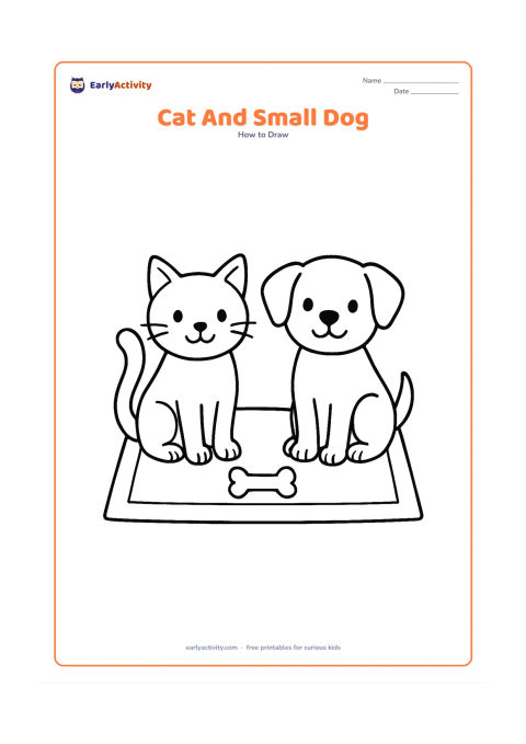 Worksheet: Draw a friendly cat and a small dog sitting side by side, both facing forward with clear ears, eyes, paws, and tails. Place them on a simple rug with a small shared toy between them.