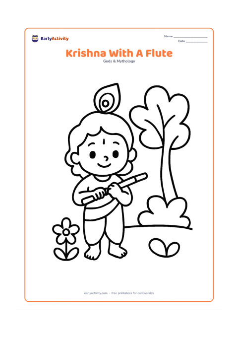 Colouring page: Draw child Krishna standing beneath a small tree, holding a flute with a peacock feather in his hair. Keep the scene open with one flower and a few rounded leaves around him.