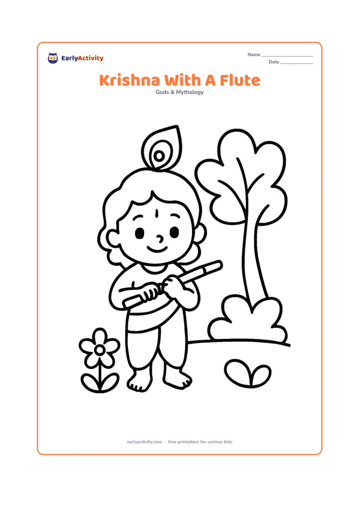 Colouring page: Draw child Krishna standing beneath a small tree, holding a flute with a peacock feather in his hair. Keep the scene open with one flower and a few rounded leaves around him.