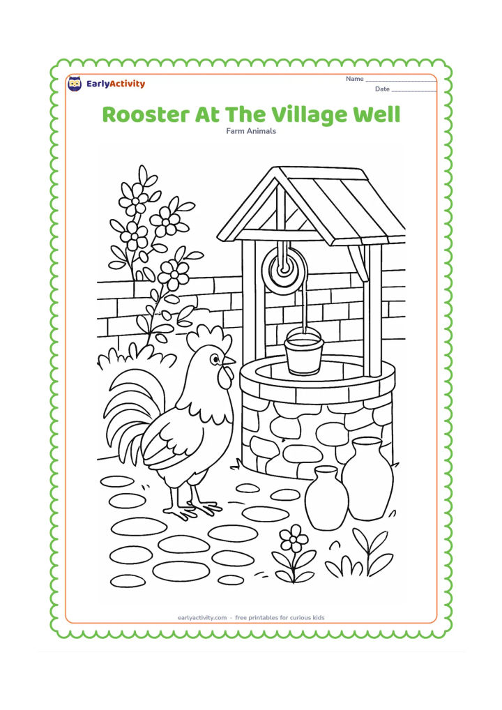 Colouring page: Draw a rooster beside a round village well with a roof, pulley and hanging bucket. Include a stone path, clay pots, flowering plants and a low wall in an Indian courtyard.