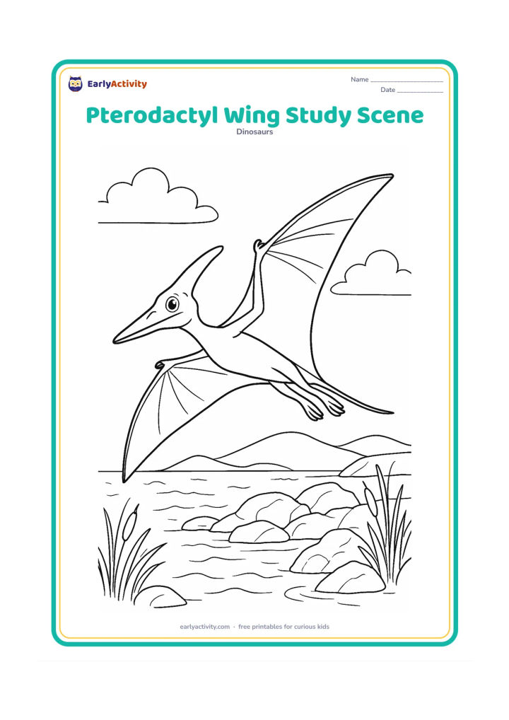 Colouring page: Draw a large pterodactyl in side view with its wing fully extended, clearly showing the long supporting finger and thin membrane sections. Place it above a rocky prehistoric shoreline…