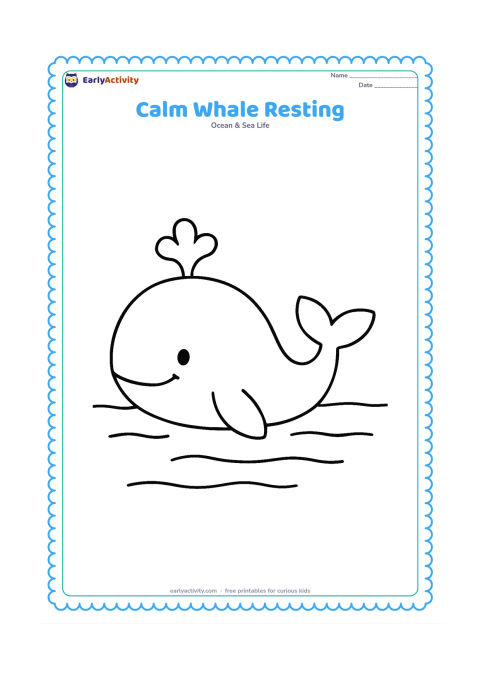 Colouring page: Draw a side-view whale floating peacefully in calm water, with one broad fin, a rounded body, and a small blowhole spout. Include two or three wide horizontal water lines.