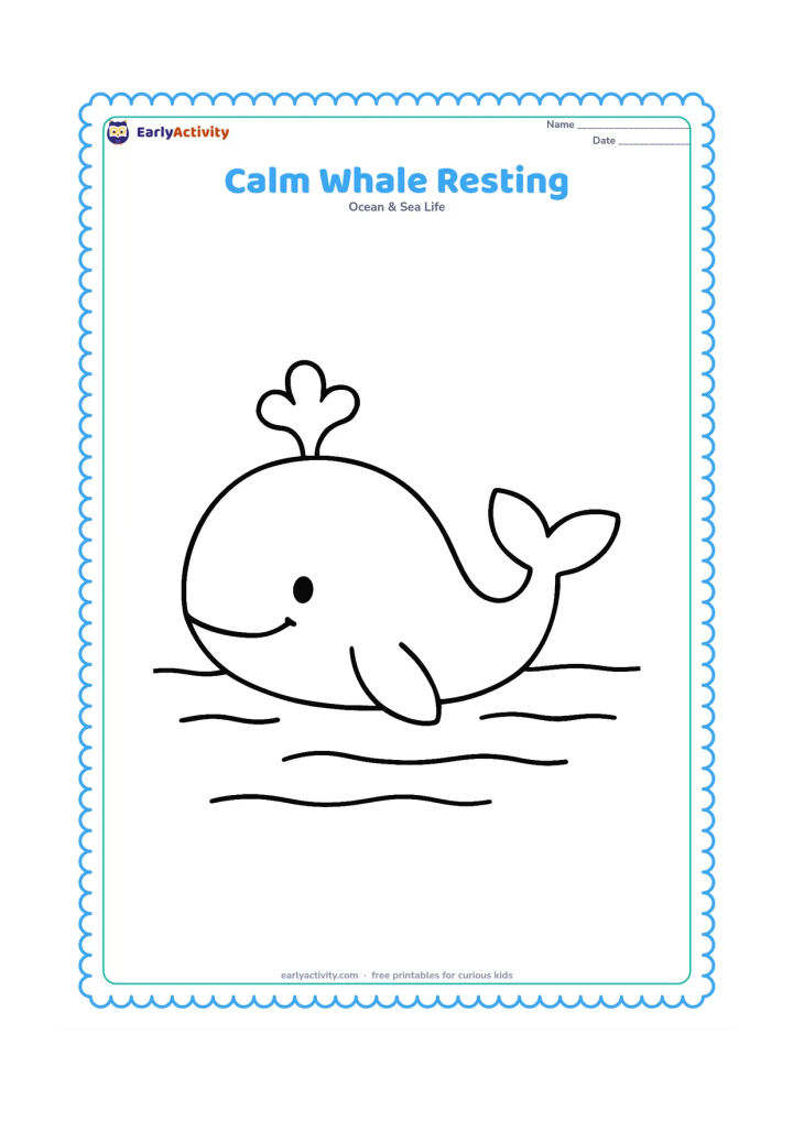 Colouring page: Draw a side-view whale floating peacefully in calm water, with one broad fin, a rounded body, and a small blowhole spout. Include two or three wide horizontal water lines.