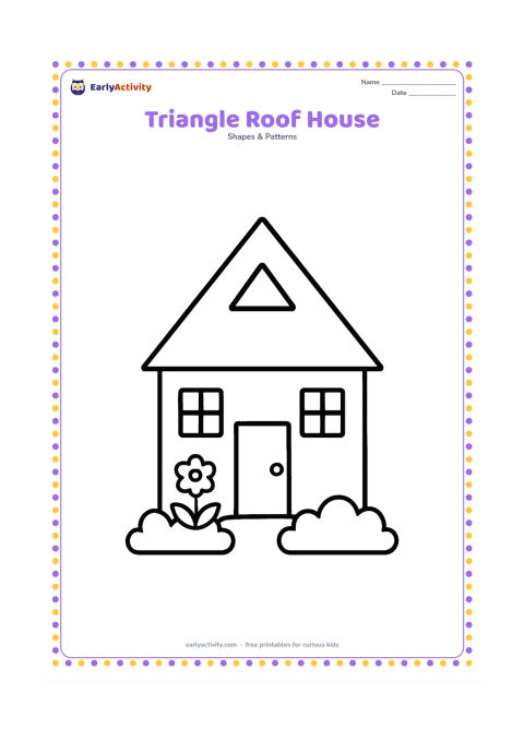 Colouring page: Draw a simple house with a large triangular roof, a square door, two windows, and a small garden. Include one clearly outlined triangular flower bed or roof decoration.