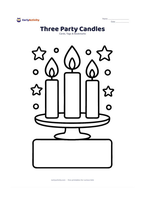 Worksheet: Show three tall candles with large flames, sitting on a simple cake plate, with a wide blank writing panel below. Add big stars and circles around the composition.