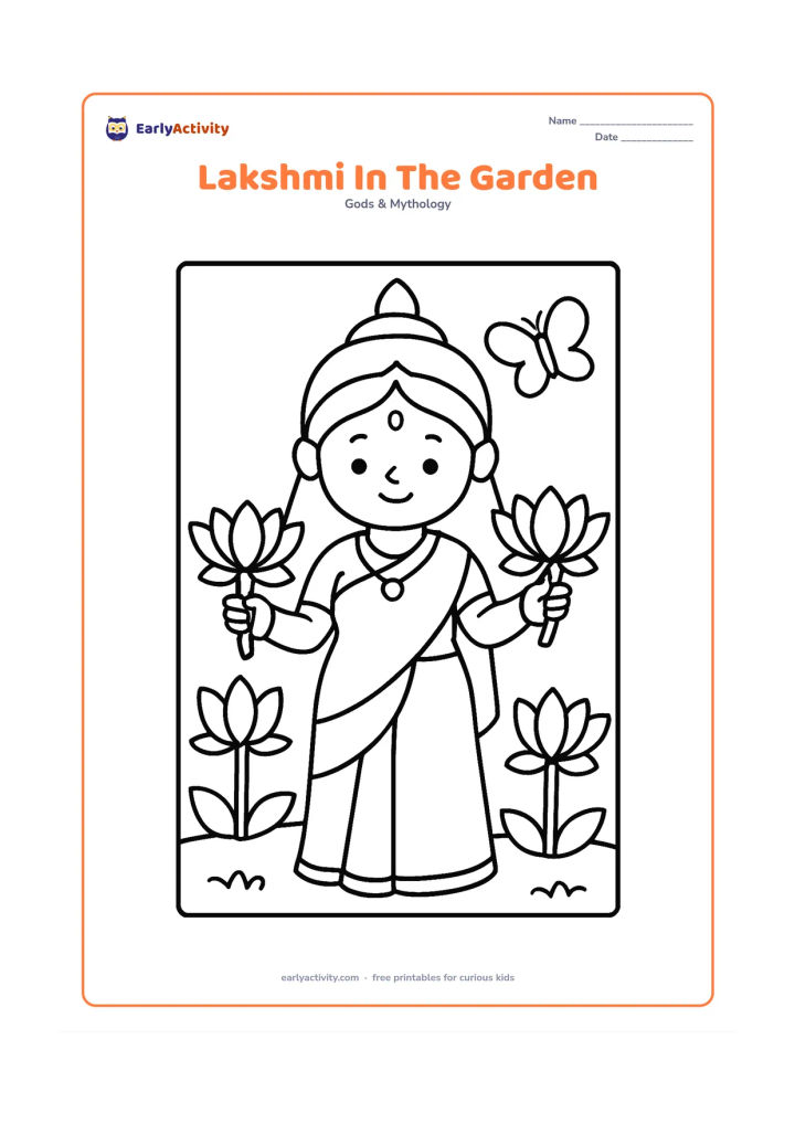 Colouring page: Draw Goddess Lakshmi standing in a garden with one large lotus plant on each side and a simple butterfly above one flower. Her hands hold open lotus blossoms.