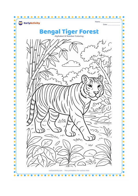 Colouring page: Draw a calm Bengal tiger walking through a leafy forest clearing, with bamboo, broad leaves, rocks and a distant stream. Keep the tiger friendly and alert, with natural stripes but no…