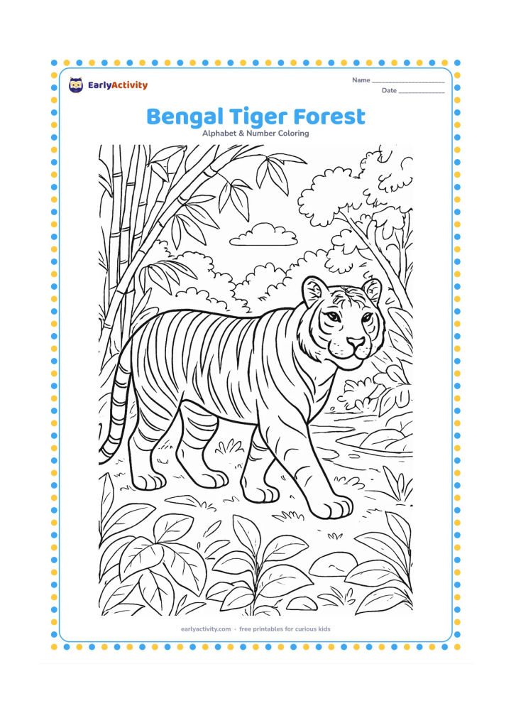 Colouring page: Draw a calm Bengal tiger walking through a leafy forest clearing, with bamboo, broad leaves, rocks and a distant stream. Keep the tiger friendly and alert, with natural stripes but no…